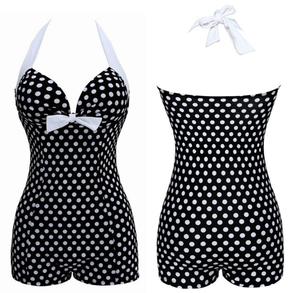 Vintage Pinup Black & White Polkadot Boy Shorts Swimsuit - Picture 2 of 14